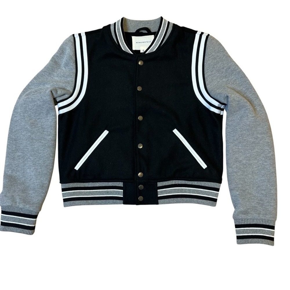 Aeropostale Varsity Snap Front Jacket‎ Women's Black Gray Size M Preppy Academia